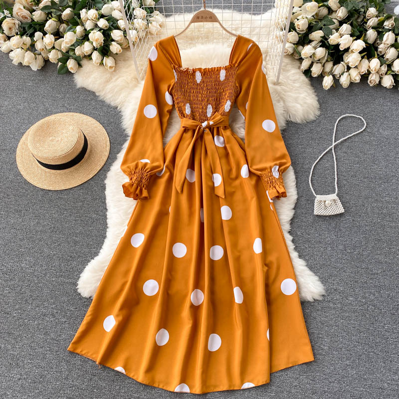 Polka Dot Elegant Vintage Dress Autumn Square Neck Long Sleeve Shirred Casual Midi Dress With Belt