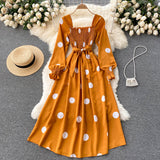 Polka Dot Elegant Vintage Dress Autumn Square Neck Long Sleeve Shirred Casual Midi Dress With Belt