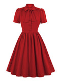 Red Solid Women Bow Tie Neck Button Up Vintage Pleated Party Elegant Robes Short Sleeve Dress