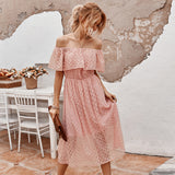 Lace Off The Shoulder Slash Neck Solid High Waist Mid-calf Dress