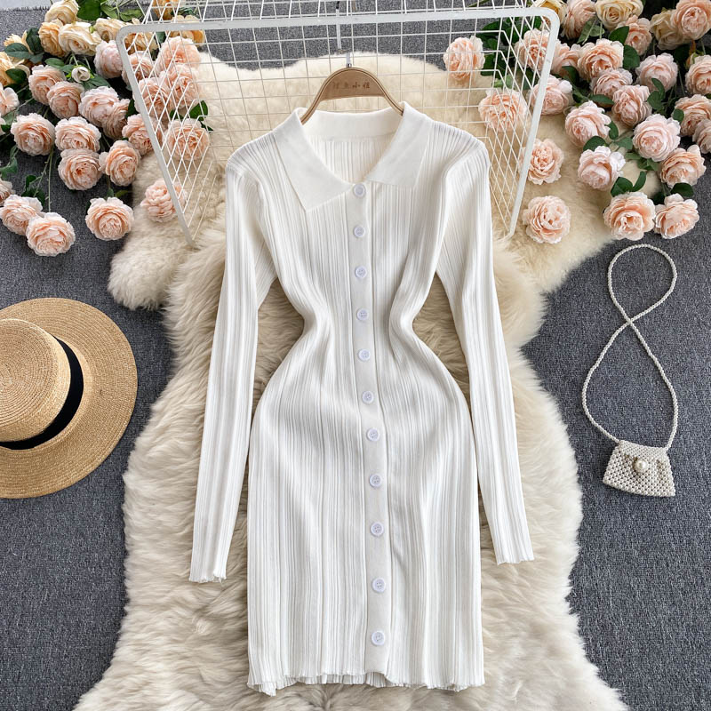 Women Polo Neck Long Sleeve Mini Dress Front Button Sexy Party Ribbed Knitted Bodycon Dress