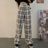 Korean Style Women High Waist Wide Leg Pants Vintage Plaid Loose Ladies Casual Harajuku Pants