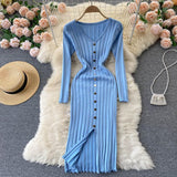 V Neck Long Sleeve Knitted Sweater Dress Winter Front Button Elegant Sexy Bodycon Midi Dress