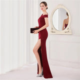 Women Burgundy New One Shoulder Soft Satin Party Maxi Dress Sexy Slit Evening Long Prom Dress