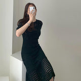 Elegant Hollow Out Women Knit Short Sleeve High Waist Bandage With Vest Midi Female Fashion Chic Dress