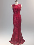 Formal Evening Dress Mermaid O Neck Sleeveless Long Party Gowns Robe Soiree Elegant Red Gold Black New Sequins Dress