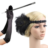 1920s Flapper Accessories Feather Headband Gloves Cigarette Holder 3 Pack Great Gatsby Party Costume Accessories Set for Women