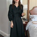 Office Lady Belted Vintage Elegant Dress V Neck Long Sleeve A Line Chic Casual Midi Dress