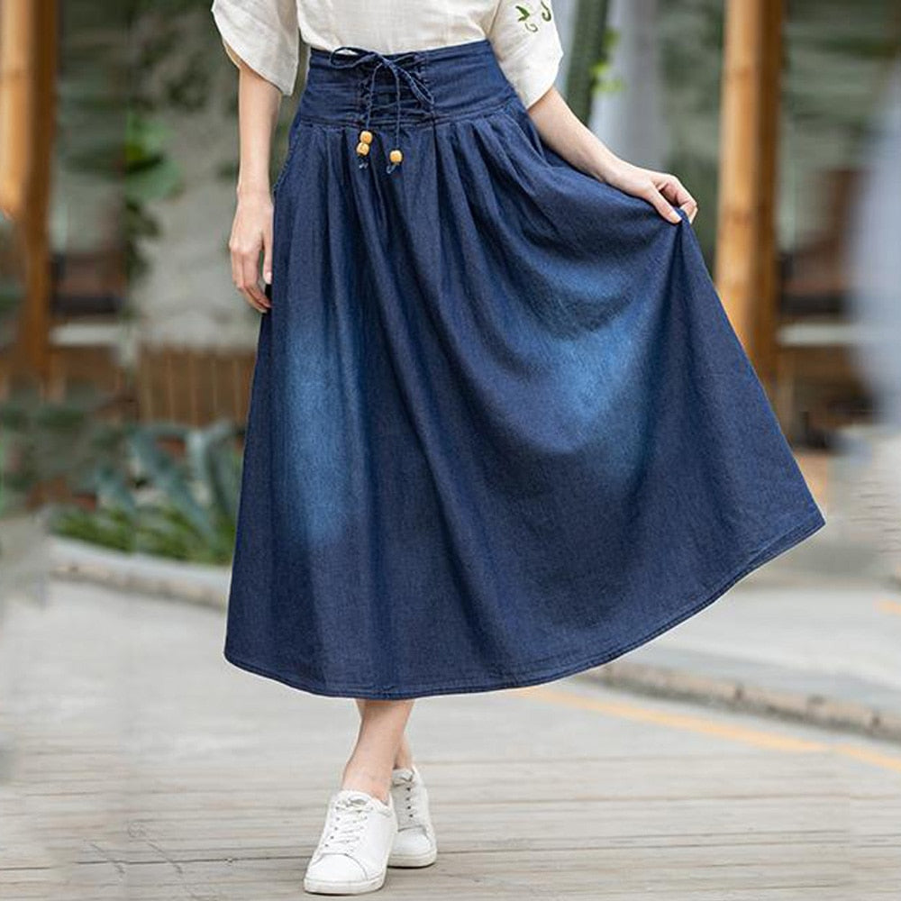 Vintage Women Jeans Long Gothic Women Casual Denim Lace-Up Skirt Elastic Waist Denim Pleated Skirts