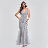 Sleeveless V-neck Tulle Sequins V-back Mermaid Party Prom Gowns Formal Embroidered Cocktail Dress