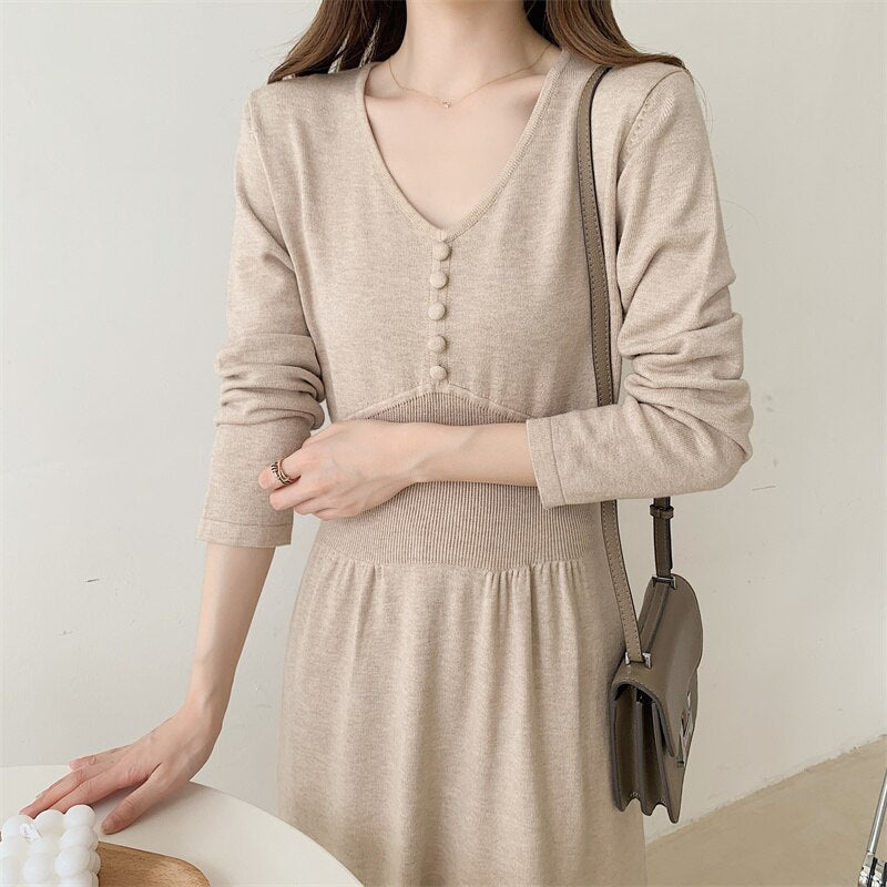 Button Elegant Midi Dress Autumn Winter V Neck Long Sleeve Casual Knitted Sweater Dress