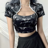 2021 New Retro Printed Black Sexy Crop Top Chinese Style Halter Top Cami Women Tank Tops Tees Tie Up Bustier Shirt Streetwear