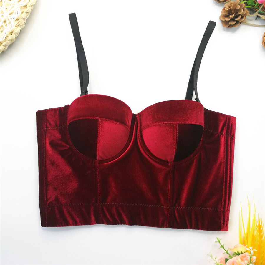 Velvet Crop Top With Cups Winter Sexy Cropped Top Nightclub Party Corset To Wear Out Push Up Bustier Camis Built in Bra