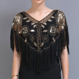 Women 1920s Sequined Shawl with Tassels Beaded Pearl Fringe Sheer Mesh Wraps Gatsby Flapper Bolero Cape Cover Up