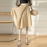 Women Summer High Waist Pleated Skirts Korean Style Solid Color Ladies Elegant A-line Long Skirt