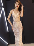 Champagne Gold Sequins Embroider Evening Dress Elegant Mermaid Tulle Formal V Neck Sleeveless Prom Gowns