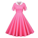 Button Front Polka Dot Vintage High Waist Elegant V Neck Short Sleeve Casual Retro Swing Dress