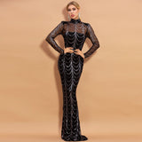 Full-sleeve Tulle Sequins Formal Evening Dress Floor-length Mermaid High-neck Gowns Elegant Black Gold Vestidos
