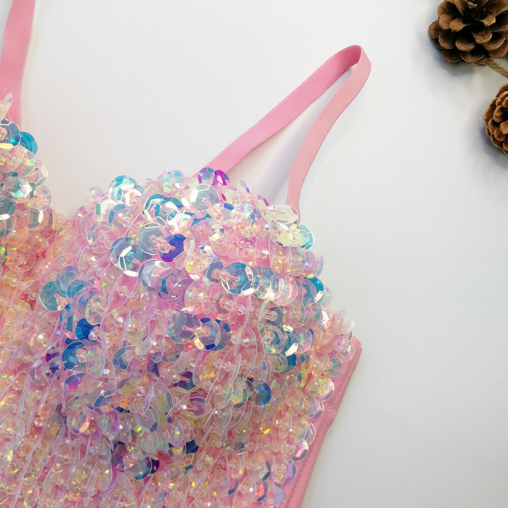 Sexy Beads Sequins Women Crop Tops Camis Cropped in Bra Party Spaghetti Strap Corset With Cups Push Up Bustier