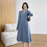 2021 Autumn Winter Women's Long-Sleeved Sweater Outwear Cardigan Suit Collar Singles Breasted Knitted A-line Dress