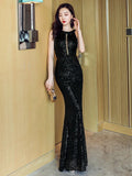 Women See through Sexy Party Maxi Dress Silver Sequin Evening Dress