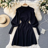 Autumn Winter Mini Sweater Dress Cut Out Ruffle Neck Puff Sleeve Casual Knitted Dress