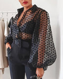 2021 Spring Summer Polka Dot Lace Blouse Women Mesh Puff Sleeve Shirts Fashion Slim Square Collar Tops Female Blouse Shirt