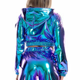 Sexy Cropped Holographic Hoodies Shiny PU Metallic Hoody Long Sleeve Short Sweatshirt with Drawstring Pullovers