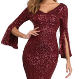 Burgund Evening Dress Long Sleeve Elegant Mermaid Long Formal Evening Party Dress V-neck Shiny Sequined Formal Prom Gowns