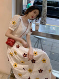 2021 Vintage Embroidery Sun Floral  Midi Dress Women Elegant  Puff Sleeve O Neck Clothes  New