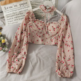 Bohemian Sexy Women Short Crop Tops 2021 Spring Summer Floral Print Ruffles Collar Chiffon Shirts Puff Long Sleeve Blouse