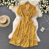 Notch Lapel Belted Midi Dress Vintage Print Short Sleeve Buttoned Casual Summer Dress