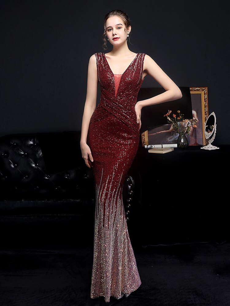 V Neck Sleeveless Mermaid Party Dress Sequins Backless Women Prom Gowns Floor Length Long Evening Robes