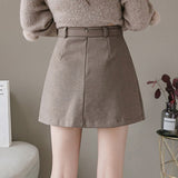 Ladies Elegant A-line Short Skirts Korean Style All-match Woolen High Waist Women Mini Skirt With Belts