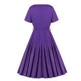 Tonval Purple Elegant V Neck High Waist Belted Vintage Pleated Midi Dress