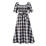 2022 Retro Women Evening Party Dress Summer Sexy Short Sleeve Midi Dress Plaid Printed Beach Holiday Vestidos Robe Femme