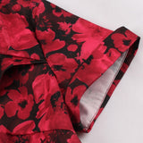Button Front High Waist Wrap Red Flower Floral Elegant Dress Midi Pleated Women Retro Vintage Dresses