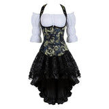 Gothic Skirt Set Underbust Corset Asymmetrical Floral Lace Skirt with Renaissance Blouse Three-Pieces Outfits Plus Size