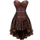 Steampunk Floral Corset Dress Women Gothic PU Leather Corset Bustier With Burlesque Skirt Set Halloween Pirate Costume Brown