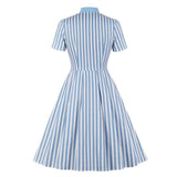 Bow Tie Neck Green Striped Vintage Robe Button Up Elegant Lady Cotton Plus Size Retro Dress