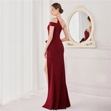 Women Burgundy New One Shoulder Soft Satin Party Maxi Dress Sexy Slit Evening Long Prom Dress