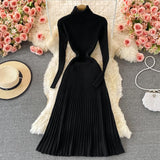 Autumn Winter Warm Turtleneck Sweater Dress Women Long Sleeve Casual Ribbed Knitted Midi Dress Elegant Pleated Dress