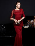 Elegant Burgund Appliques Beads Evening Dress See through Tulle Long Sleeve Dress