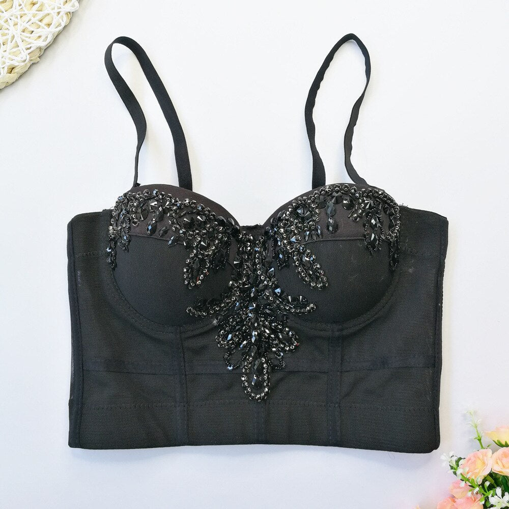 Crop Top With Built In Bra Rhinestone Mesh Summer Off Shoulder Sexy Corset Women Camis Cropped Cups
