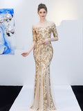 Off-the-shoulder Evening Tulle Sequins Short-Sleeve Mermaid Formal Dress Gown