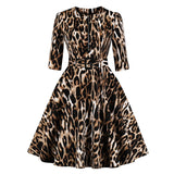 Zipper Front Leopard Print Rockabilly Elegant Women Vintage Dress 3/4 Length Sleeve Autumn Cotton Dresses with Belt