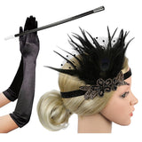 1920s Flapper Accessories Feather Headband Gloves Cigarette Holder 3 Pack Great Gatsby Party Costume Accessories Set for Women