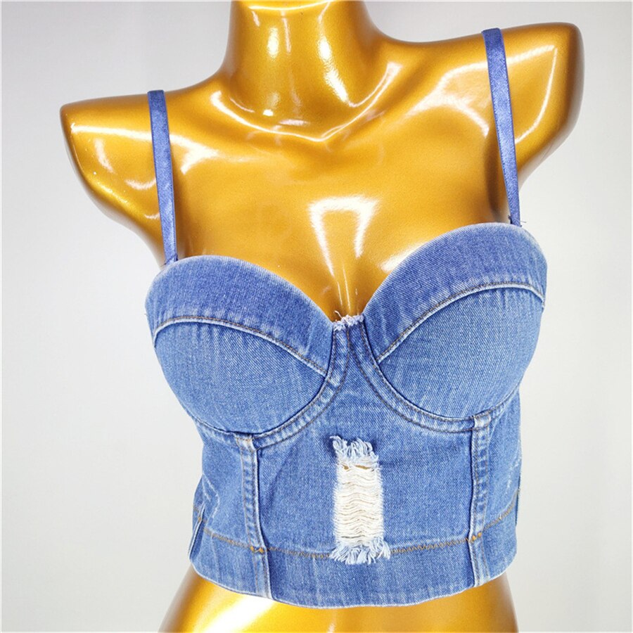 Winter Denim Hole Camis Sexy Corset Women Tops With Cups Crop Top To Wear Out Nightclub Show Tank Top With Built In Bra
