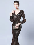 Sexy V Neck Mermaid Evening Dress Long Formal Prom Party Gown Full Sequin long Sleeve Galadress Vestidos Occassion Dress