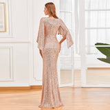 Elegant Gold Sequin Evening Dress Angel Wings Mermaid V Neck Party Maxi Long Prom Dress